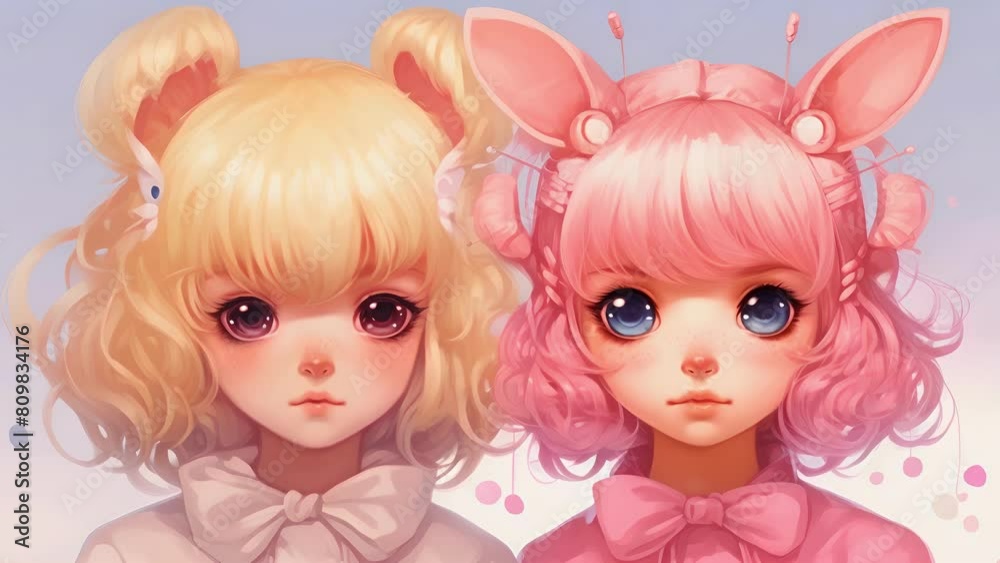 Anime illustration of two girls with big eyes and ears on their heads ...