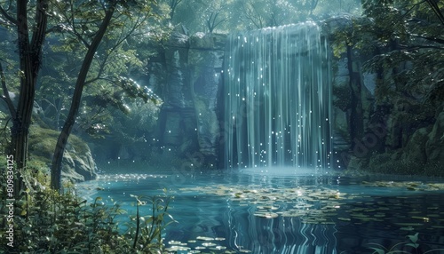 Amid the haunting emptiness of an ancient forest  a holographic waterfall cascades silently into a digital lake