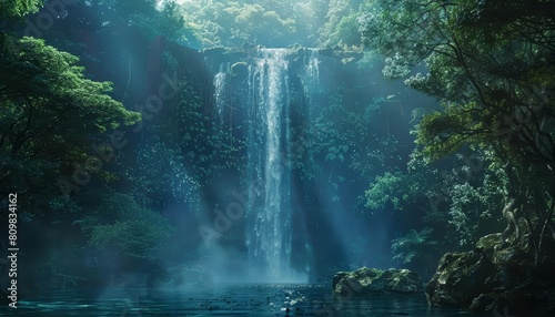 Amid the haunting emptiness of an ancient forest, a holographic waterfall cascades silently into a digital lake photo
