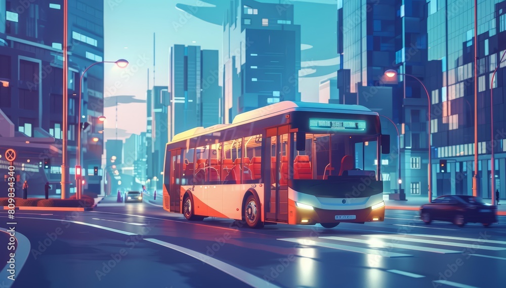 An electric bus glides through a bustling urban area, depicted in a minimalist art style with space for text on the right side