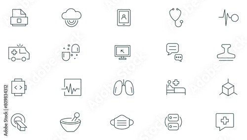 Digital healthcare medicale icon set. Healthcare, medical, medicine, check up, doctor, dentistry, pharmacy, lab, scientific discovery icons collection. Outline icon collection. Thin outline icons pack