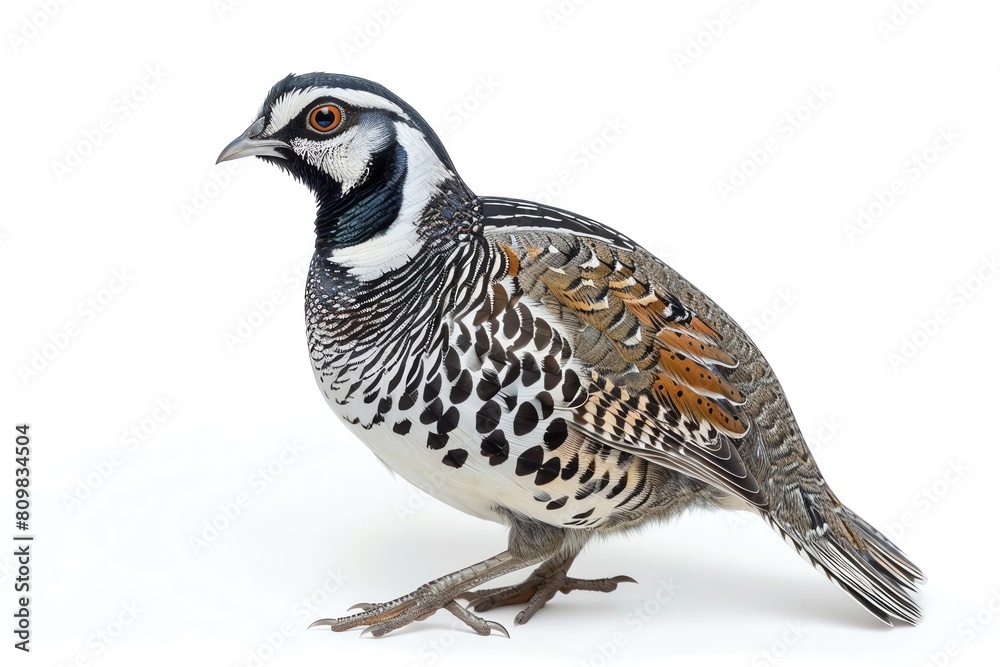 A quail with distinctive markings, walking, isolated on white A quail with distinctive markings, walking, isolated on white