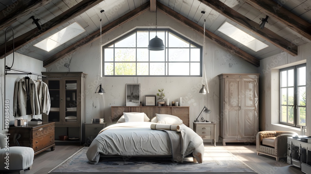 Vaulted ceiling with skylights in farmhouse. Interior design of modern rustic bedroom Vaulted ceiling with skylights in farmhouse. Interior design of modern rustic bedroom