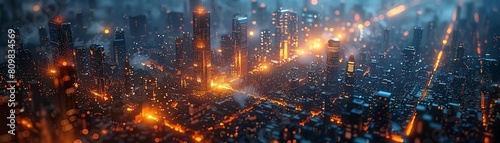 Imagine a futuristic board game set in a bustling cyberpunk cityscape, with players strategizing amidst glowing skyscrapers and advanced technology Opt for a vector art style to achieve sharp, clean l