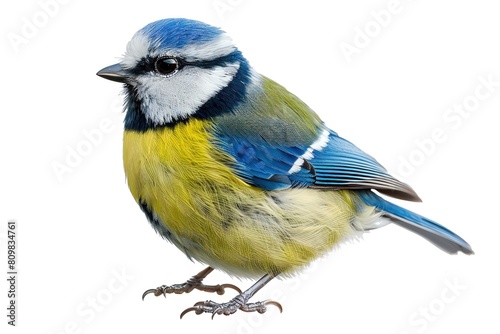 A blue tit looking vibrant against the white background, isolated photo