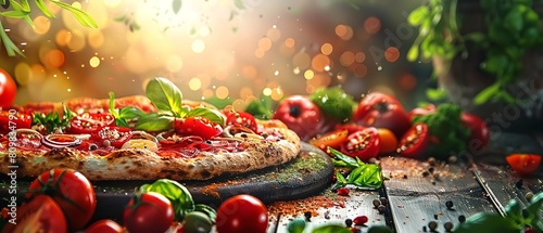 Close up of a delectable pizza with tomato, mozzarella, olives, and mushrooms with blurry space for an advertisement, Generative AI. photo