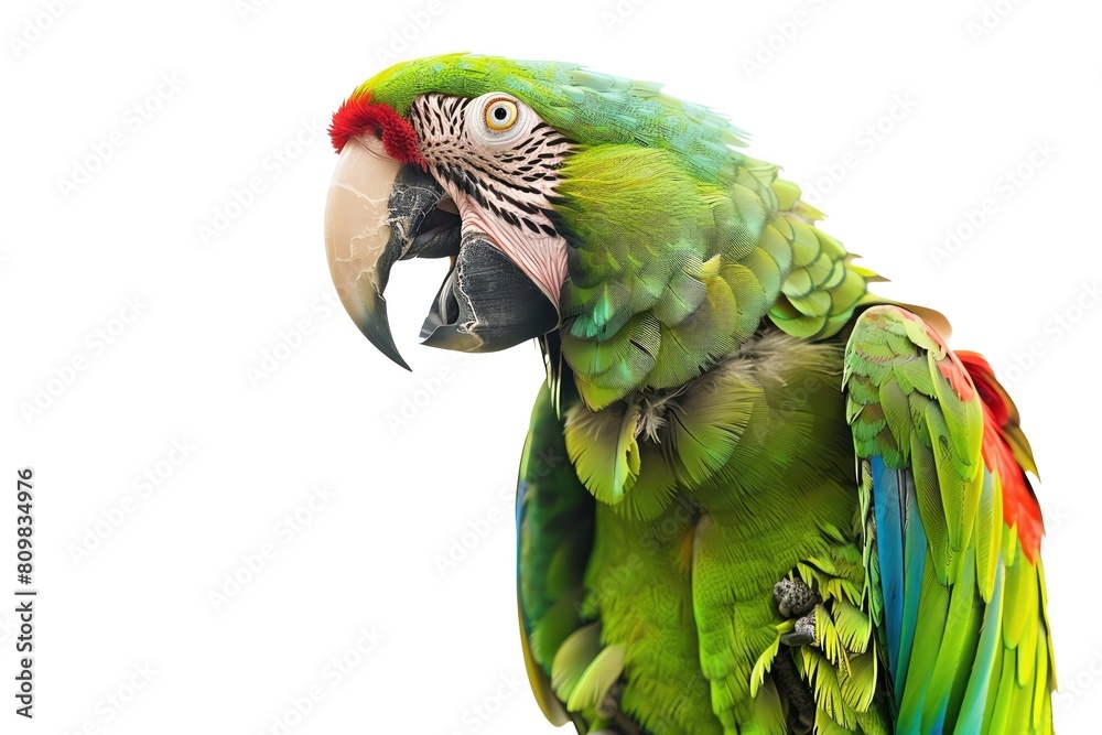 A parrot with green feathers, perched and vocalizing, isolated on white