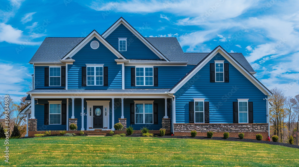 A majestic sapphire blue house adorned with siding and shutters stands proudly on a large lot in the suburban subdivision, commanding attention against the vibrant blue sky. A majestic sapphire blue house adorned with siding and shutters stands proudly on a large lot in the suburban subdivision, commanding attention against the vibrant blue sky.