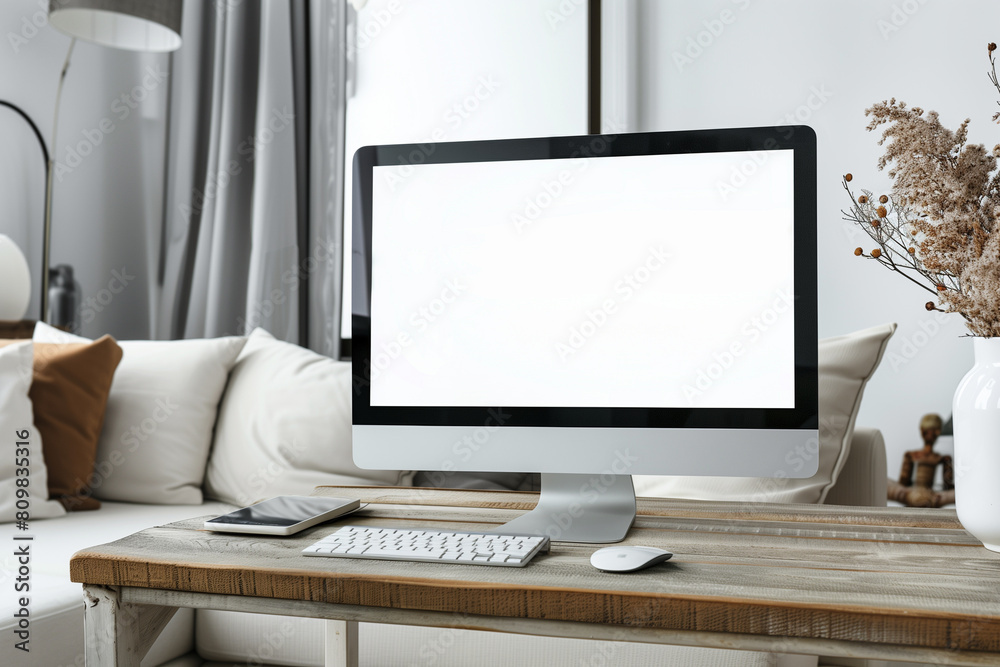 In a contemporary white living room, a wooden desk features an empty computer mockup with a blank white screen, perfect for showcasing your digital product or service. Commercial p In a contemporary white living room, a wooden desk features an empty computer mockup with a blank white screen, perfect for showcasing your digital product or service. Commercial p