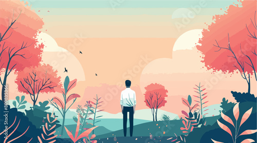Young man in landscape with trees and plants Vector illustration