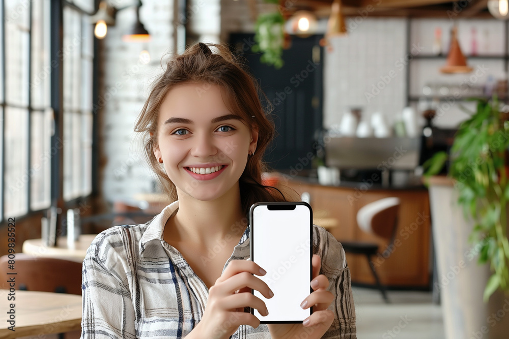 Against the backdrop of a modern cafe interior, a young woman smiles as she holds a mobile phone with an empty white blank screen, providing a perfect canvas for your marketing mes Against the backdrop of a modern cafe interior, a young woman smiles as she holds a mobile phone with an empty white blank screen, providing a perfect canvas for your marketing mes