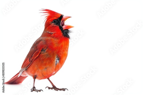 A red cardinal with bright plumage, singing, isolated on a white background