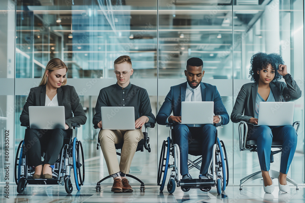 Within the sleek confines of a modern glass office, a diverse young business group, including a businessman in a wheelchair, collaborates seamlessly, each engaged with their laptop Within the sleek confines of a modern glass office, a diverse young business group, including a businessman in a wheelchair, collaborates seamlessly, each engaged with their laptop