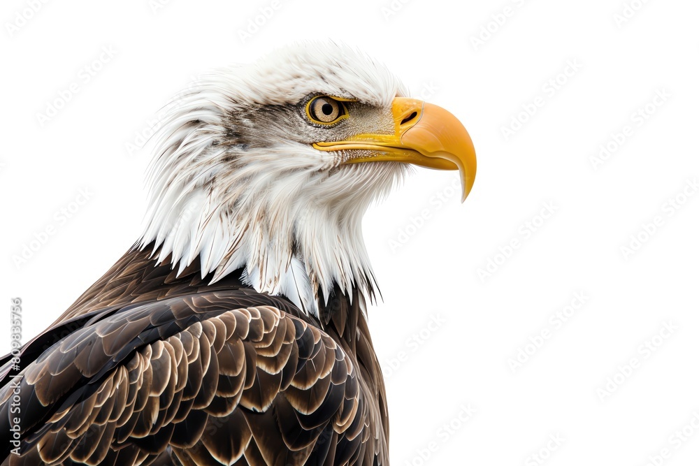 Fototapeta premium A bald eagle with a fierce expression, side profile, isolated on a white background