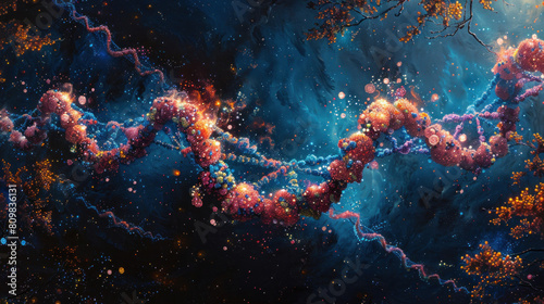 Scientific discovery with a banner adorned with the iconic double helix of DNA molecules. photo
