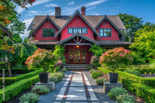 A newly built, vibrant raspberry red craftsman cottage style home, highlighting a triple pitched roof, with opulent greenery and an elegantly laid out walkway, radiating contemporary elegance. © Naveed Arts