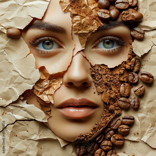 Creative portrait of a beautiful woman with coffee beans on her face