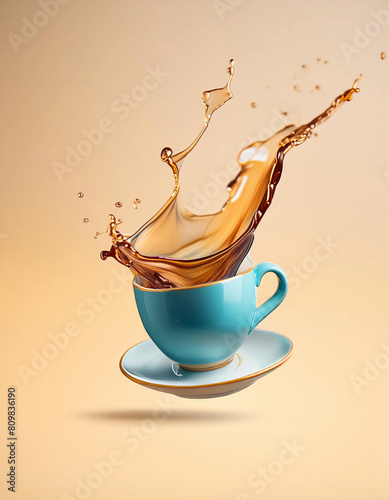 Uma xícara azul de louça com píres, flutuando, com splash de café.