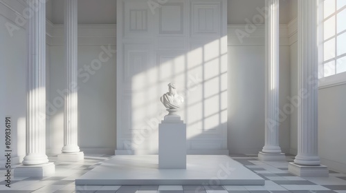 Empty studio with podium of classical sculpture art, offering a serene and contemplative environment, styled in minimalistic tones, synth wave photo
