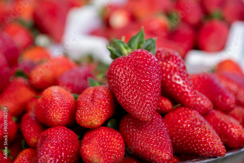 Close up view for strawberries stacked with red beautiful color photo