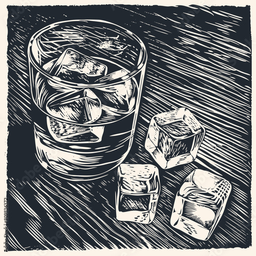 Old Fashioned Cocktail with ice cubes in a crystal glass. Vector illustration	