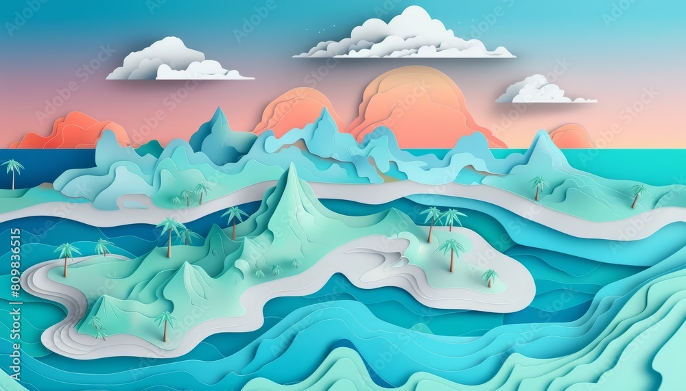 Fantasy landscape of Archipelago, where vibrant colors merge with the serene blue waters in a paper cut style, illustration template