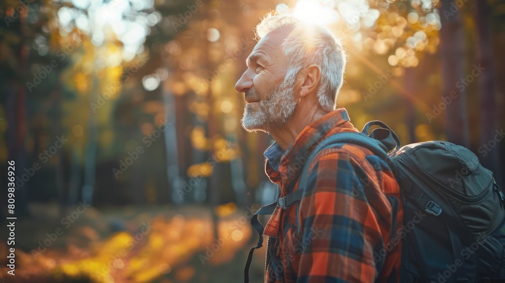 An elderly man wearing a backpack and flannel shirt enjoys a peaceful walk in the forest