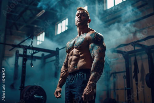 Portrait of Young adult bodybuilder standing in gym © Kien