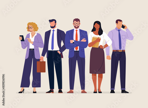 Business team. Vector illustration in simple flat style of diverse cartoon young men and women in office outfits. Isolated on background photo