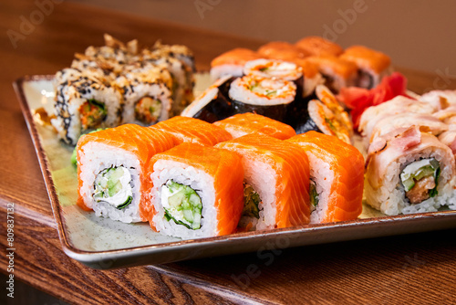 Set of sushi rolls in a cafe