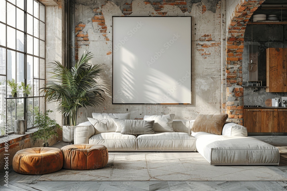 Fototapeta premium Trendy industrial loft featuring white sofas, exposed brick walls, and a large blank frame setting an artistic tone