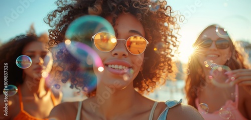 attractive girls of different ethnicities are blowing soap bubbles on a sunny summer day