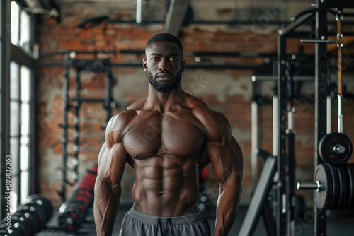 Portrait of Young adult bodybuilder standing in gym