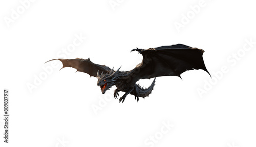 Black dragon in flight. Isolated transparent background PNG. Mythological winged beast flying. Attack pose. Majestic dragon with long wings in flight. Fierce expression. Sharp teeth.