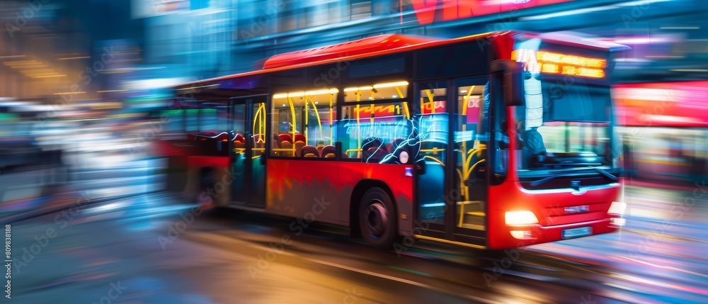 Image of a vibrant city bus in motion, perfect for public transportation advertising with ample copy space Image of a vibrant city bus in motion, perfect for public transportation advertising with ample copy space