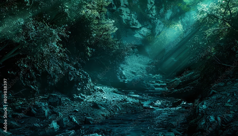 Mystery landscape of Gorge, enveloped in shadows and light, rendered in cyber color, banner template sharpen with copy space
