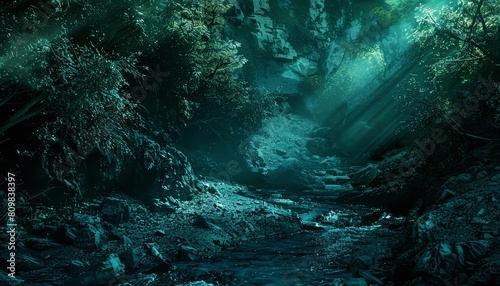 Mystery landscape of Gorge  enveloped in shadows and light  rendered in cyber color  banner template sharpen with copy space