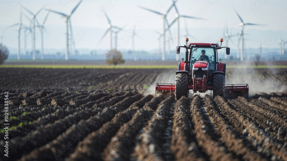 Tractor cultivating soil in a field with wind turbines in the background Tractor cultivating soil in a field with wind turbines in the background
