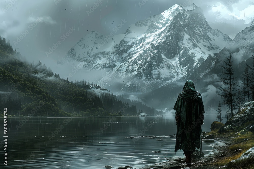 Man Standing by Mountain Lake