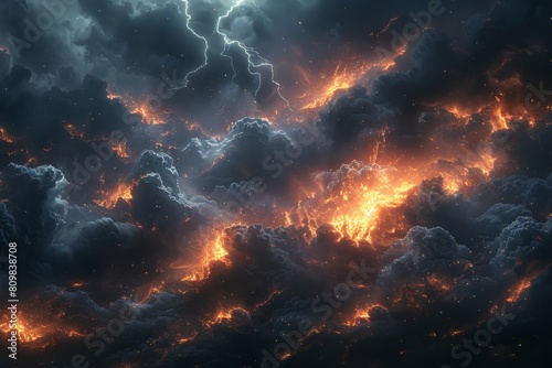 This dramatic image captures a stormy, apocalyptic sky, illuminated by intense fiery light, resembling an otherworldly event