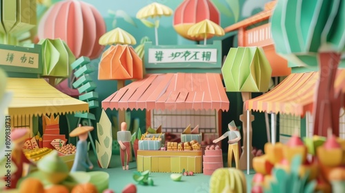 Paper art and craft style of a bustling marketplace  captured in minimal styles  complemented by an illustration template