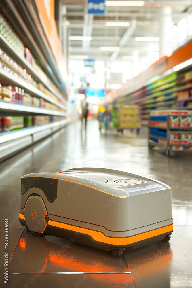 Advertising poster of an ultra-modern cleaning robot in a hypermarket, modern artificial intelligence technologies in marketing and sales Advertising poster of an ultra-modern cleaning robot in a hypermarket, modern artificial intelligence technologies in marketing and sales