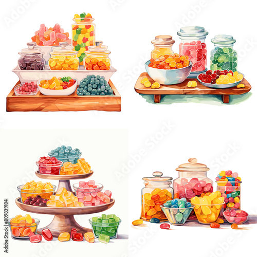 Set of four images of Colorful candies in jars 