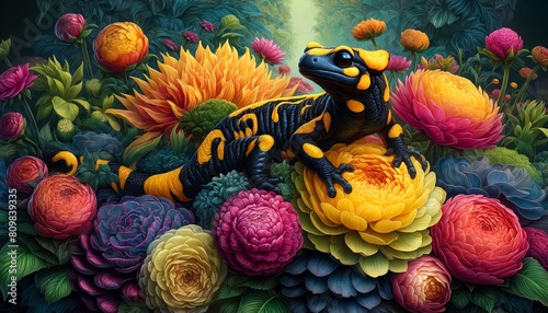 Image of a Fire Salamander in a mystical garden photo