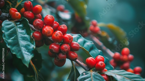 Ripe Arabica cherry coffee beans densely on a branch in a coffee plantation. photo