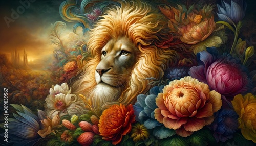 Image of a Lion in a mystical garden