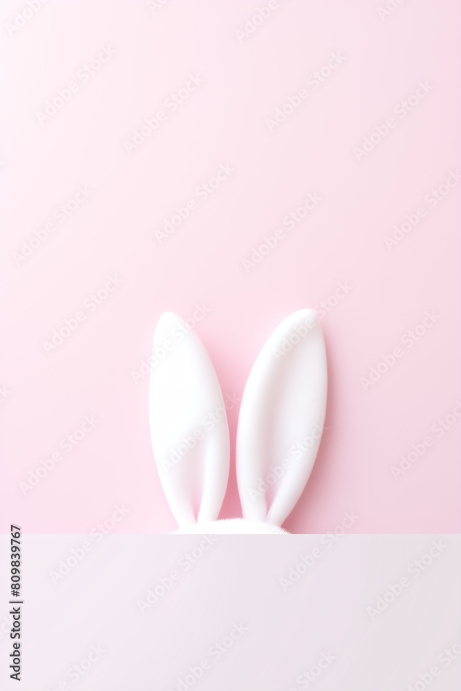 Bunny ears peeking on light pink background. Minimal concept. Creative copy space.