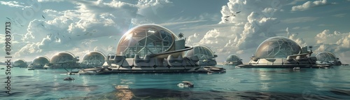 On an oceancovered exoplanet, floating cities harness wave energy, creating a sustainable lifestyle for its aquatic inhabitants photo