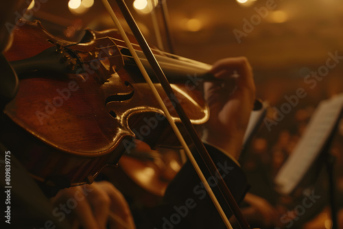 A close-up of a violinist's hands during a concert, with focus on the movement of the bow and strings, set against the backdrop of a captivated audience 