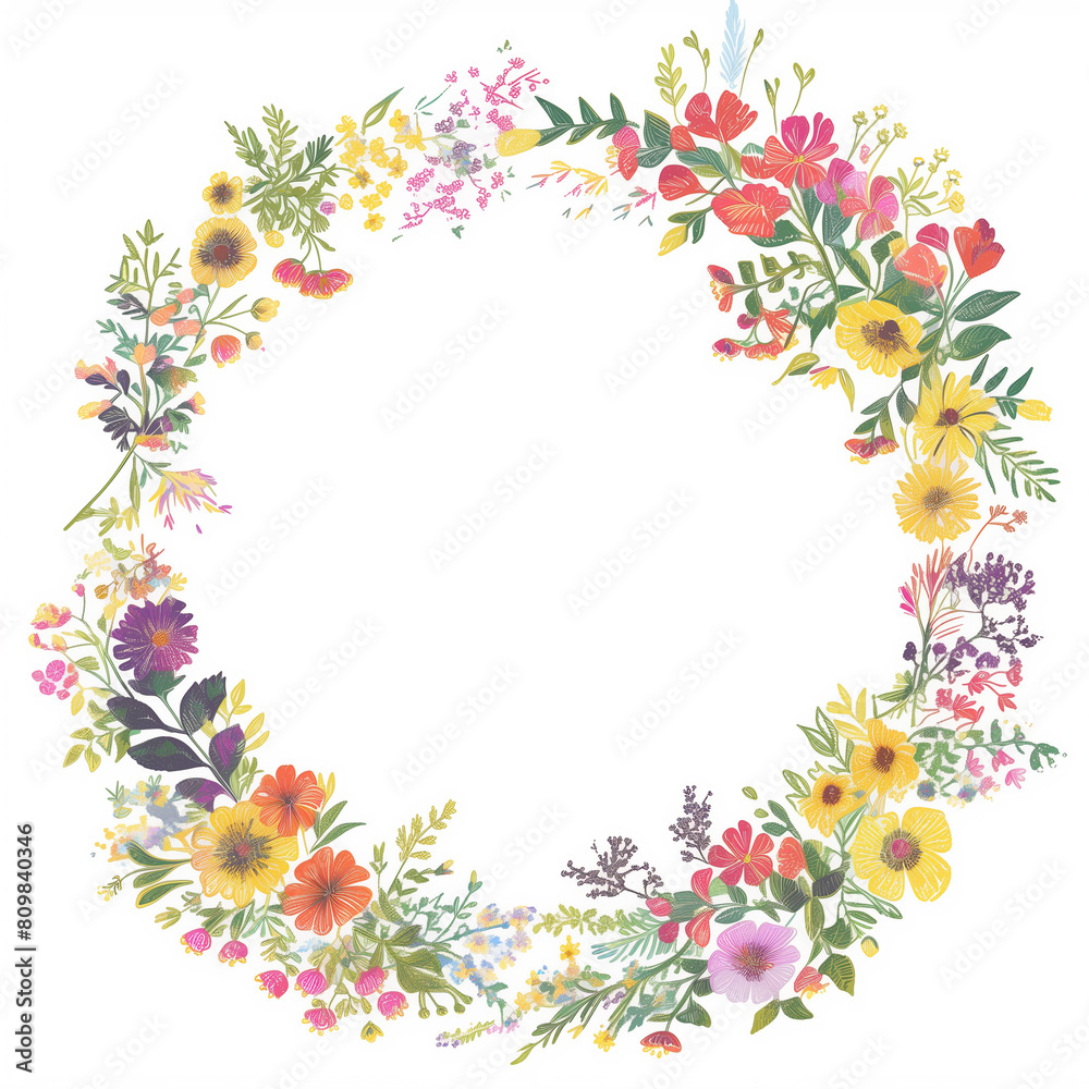 flower frame illustration, circle frame made of flowers, poster illustration, flower Wreath, background, poster, wedding, card, 